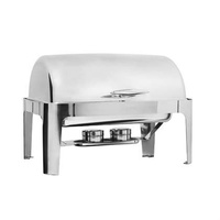 Deluxe Stainless Steel Roll Top Chafer with stacking frame, complete with: 1 x 1/1 Size 65mm Insert Pan 1 x Water Pan 1 x Cover 1 x Stand 2 x Fuel Hol