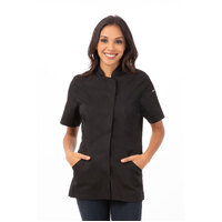 Roxby Black Chef Jacket, Short Sleeved with Metal Snaps, Women's