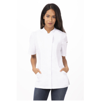 Roxby White Chef Jacket, Short Sleeved with Metal Snaps, Women's