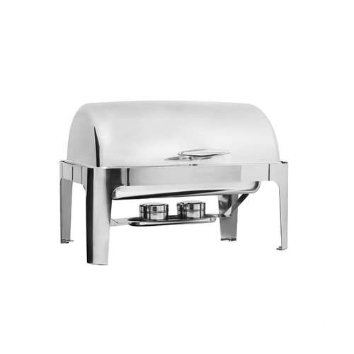 Deluxe Stainless Steel Roll Top Chafer with stacking frame, complete with: 1 x 1/1 Size 65mm Insert Pan 1 x Water Pan 1 x Cover 1 x Stand 2 x Fuel Hol