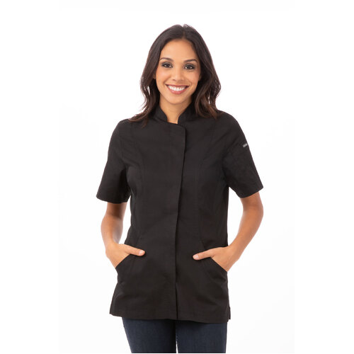 Roxby Black Chef Jacket Small, Short Sleeved with Metal Snaps, Women's